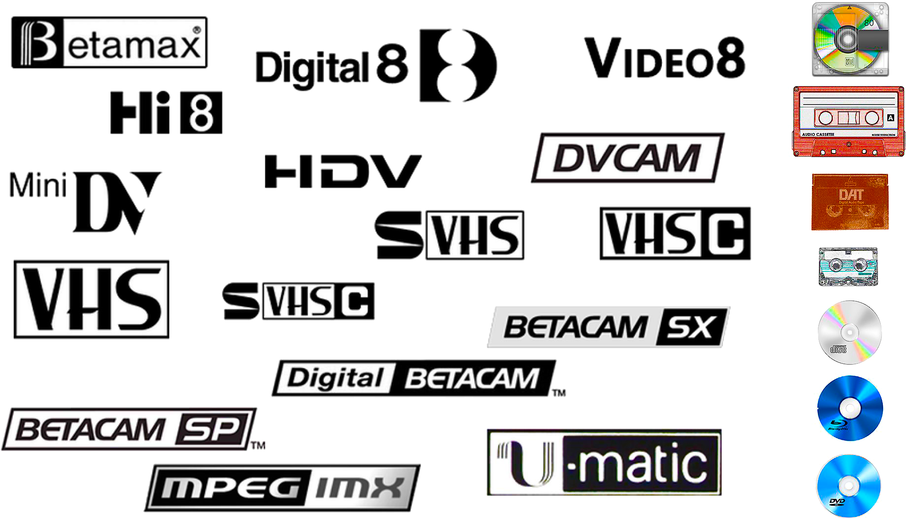 Riversamenti video VHS, VHS-C, S-VHS, Video2000, Betamax, U-matic 3/4, U-matic BVU, Video8, Hi8, mini DV, DVCAM, Betacam SP, Digital Betacam, Betacam SX, DVCpro HD, Hdv, Digital 8